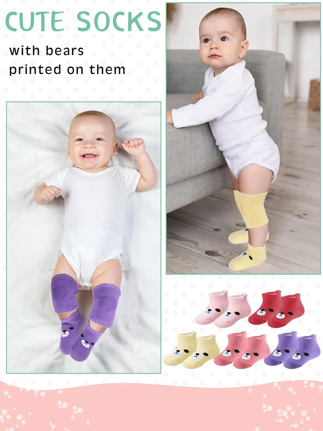 10 Pairs Baby Crawling Anti Slip Knee Pads and Anti Slip Baby Socks Set Unisex Toddler Knee Protectors Non Slip Ankle Socks