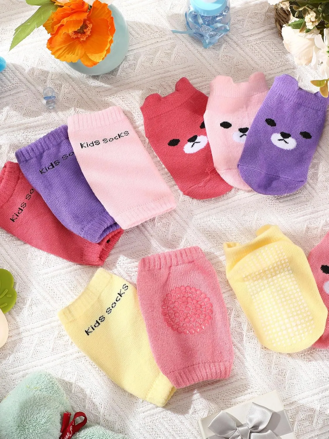 10 Pairs Baby Crawling Anti Slip Knee Pads and Anti Slip Baby Socks Set Unisex Toddler Knee Protectors Non Slip Ankle Socks