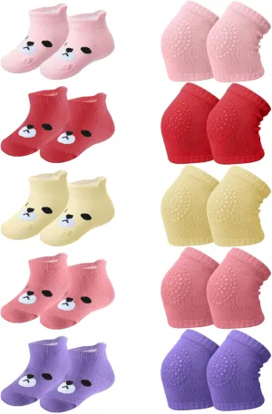 10 Pairs Baby Crawling Anti Slip Knee Pads and Anti Slip Baby Socks Set Unisex Toddler Knee Protectors Non Slip Ankle Socks