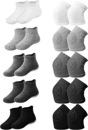 10 Pairs Baby Crawling Anti Slip Knee Pads and Anti Slip Baby Socks Set Unisex Toddler Knee Protectors Non Slip Ankle Socks