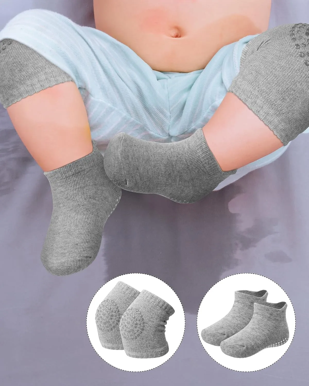 10 Pairs Baby Crawling Anti Slip Knee Pads and Anti Slip Baby Socks Set Unisex Toddler Knee Protectors Non Slip Ankle Socks