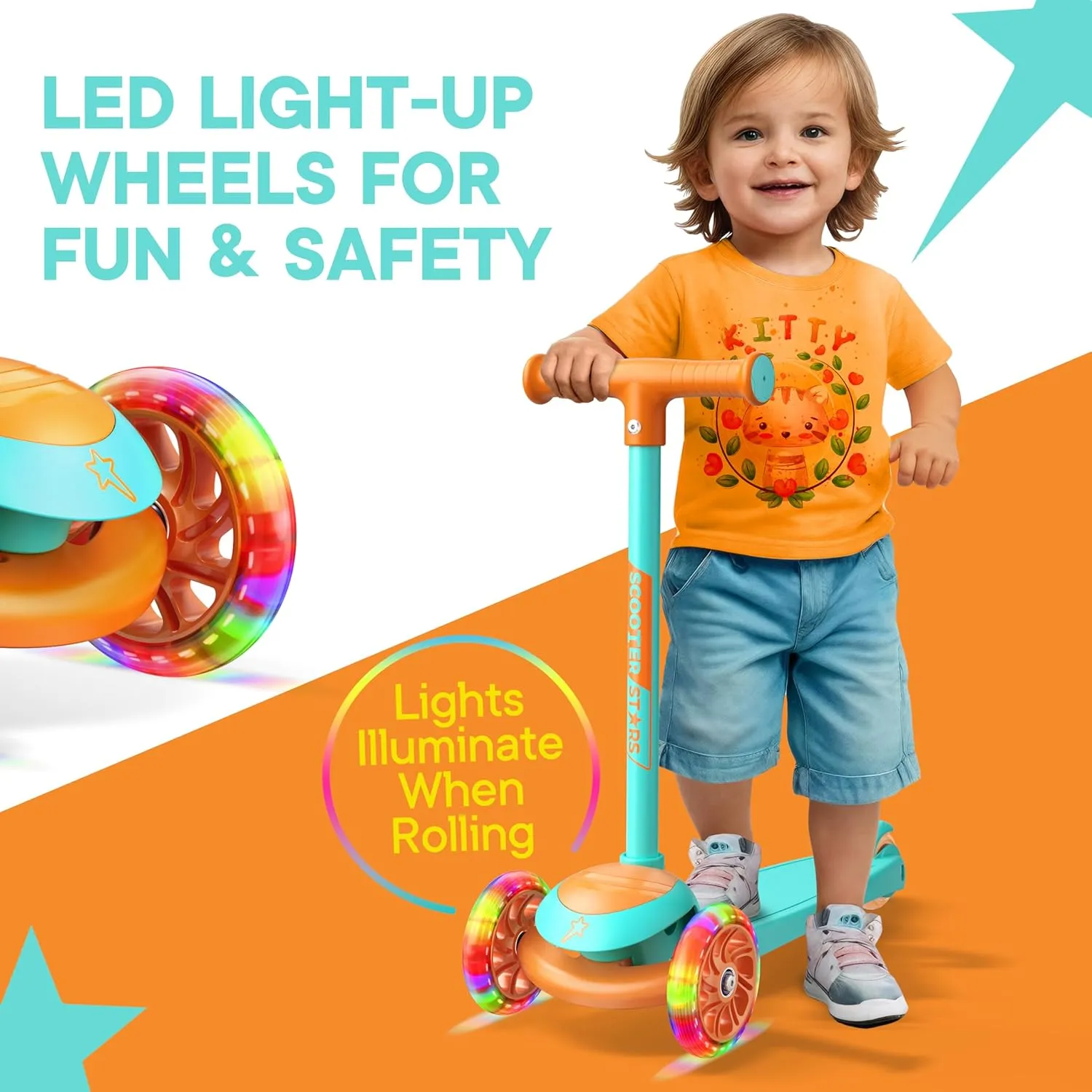 3 Wheel Scooter for Kids, Smooth Light Up LED Front Wheels, Wide Anti Slip Deck, Rear Foot Brake, Easy Maneuvering T-bar Handle, Indoor & Outdoor Ride On Toys for Ages 2 Up