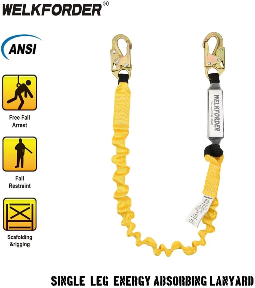 6-Foot Shock Absorber Stretchable Safety Lanyard with Double Snap Hook Connectors ANSI Z359.13-2013 Compliant Fall Protection Equipment
