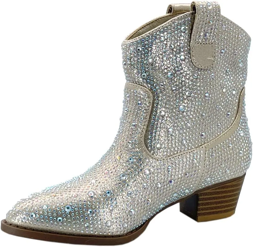ABSOLEX Girl's Rhinestone Block Chunky Heel Ankle Bootie