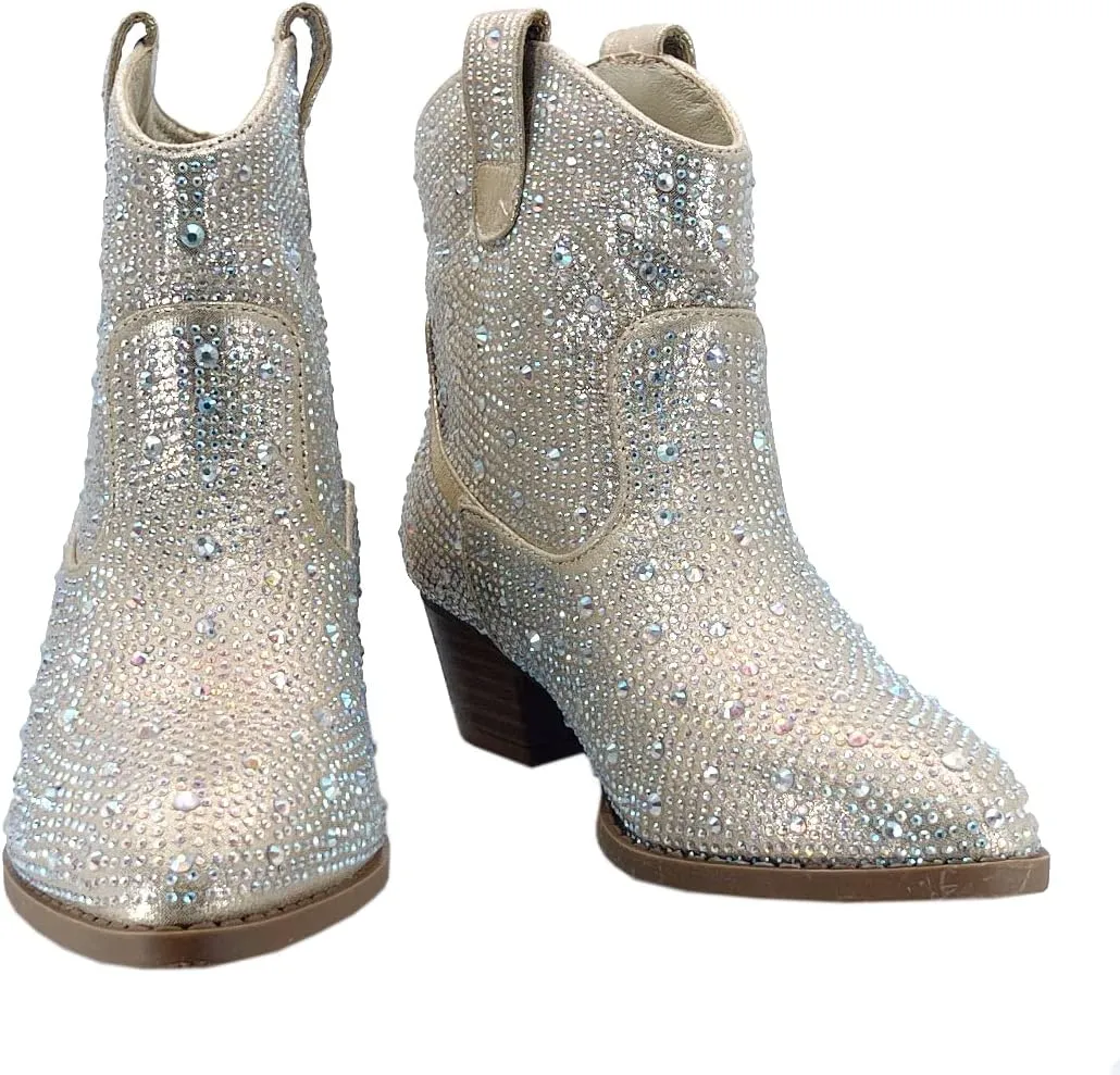 ABSOLEX Girl's Rhinestone Block Chunky Heel Ankle Bootie