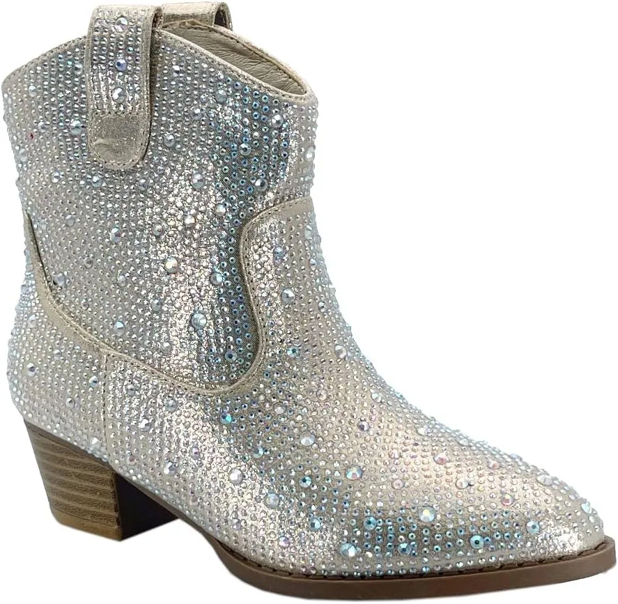 ABSOLEX Girl's Rhinestone Block Chunky Heel Ankle Bootie