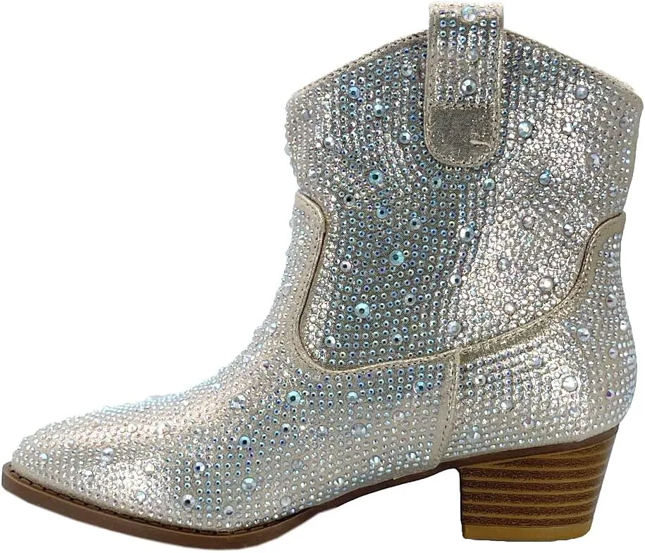 ABSOLEX Girl's Rhinestone Block Chunky Heel Ankle Bootie