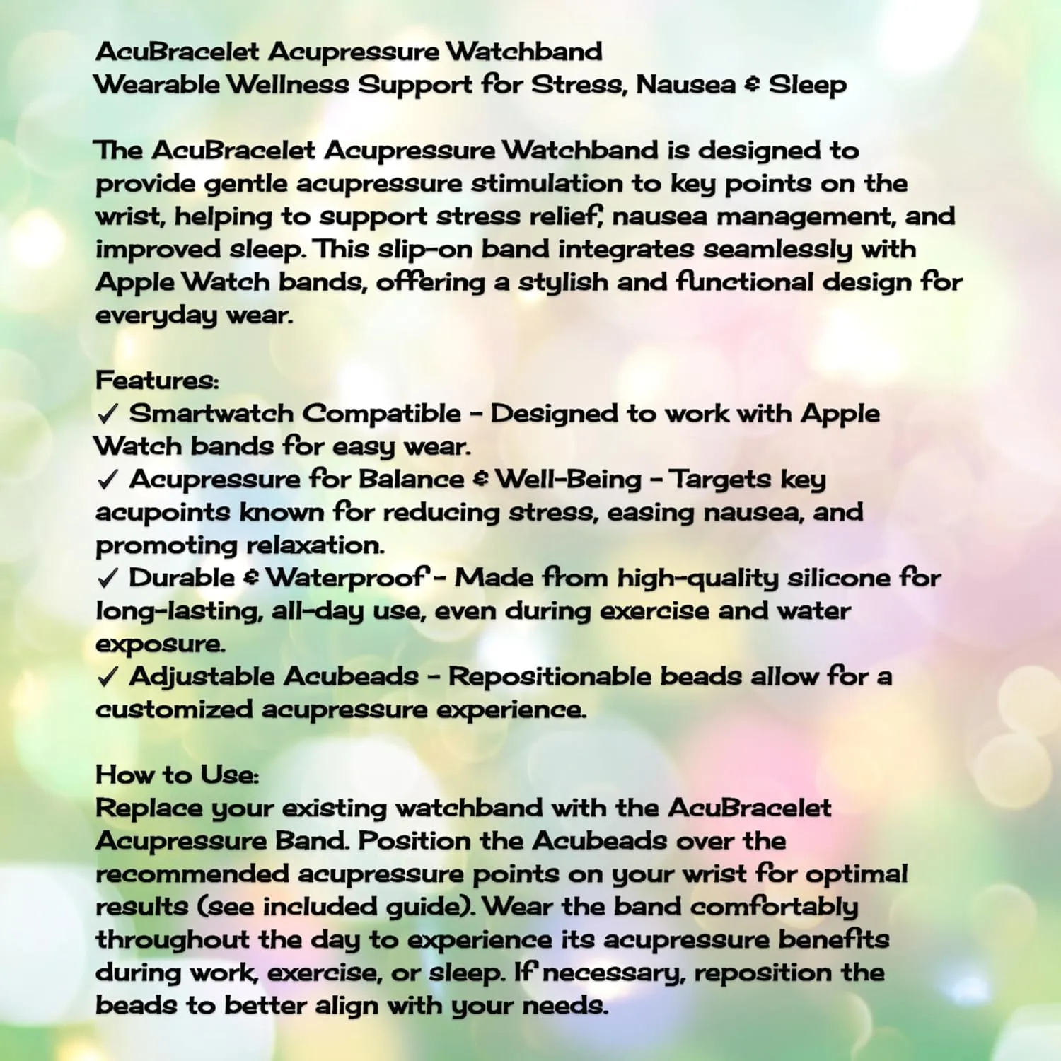 AcuBalance Acupressure Watch Band – Calm Stress, Nausea, and Tension – Soft Silicone Waterproof Strap Compatible with Apple iWatch Bands (Small 38/40/41)