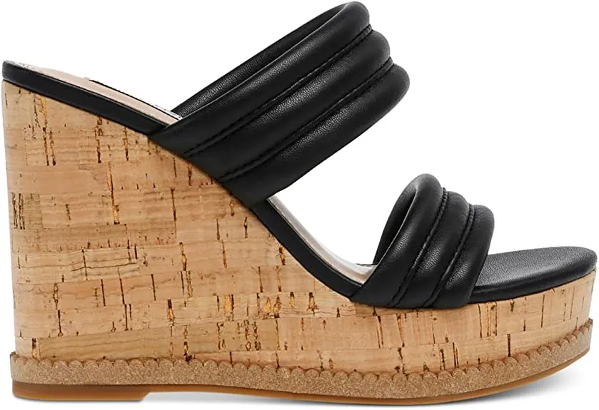 Advanced technology Toe On Wedge Sandals Black Steve Open Madden Cork Heel Seasonal promotion Slip Wipeout Strappy