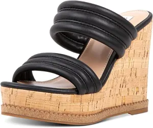 Advanced technology Toe On Wedge Sandals Black Steve Open Madden Cork Heel Seasonal promotion Slip Wipeout Strappy