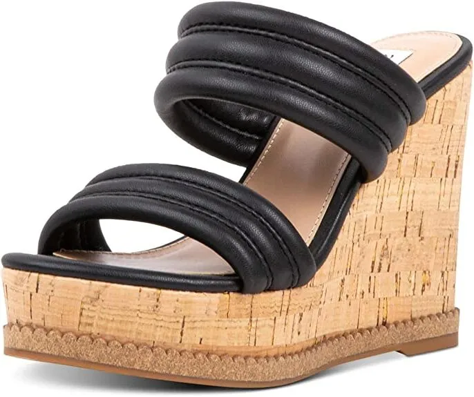 Advanced technology Toe On Wedge Sandals Black Steve Open Madden Cork Heel Seasonal promotion Slip Wipeout Strappy