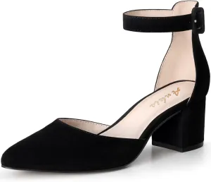 Ankis Closed Toe Heels for Women -Black Nude Gold Silver Pointed Toe Heels Low Block Chunky Women Pumps with Ankle Strap -2.25 Inch