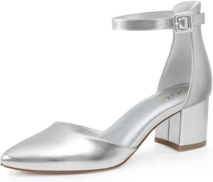 Ankis Closed Toe Heels for Women -Black Nude Gold Silver Pointed Toe Heels Low Block Chunky Women Pumps with Ankle Strap -2.25 Inch