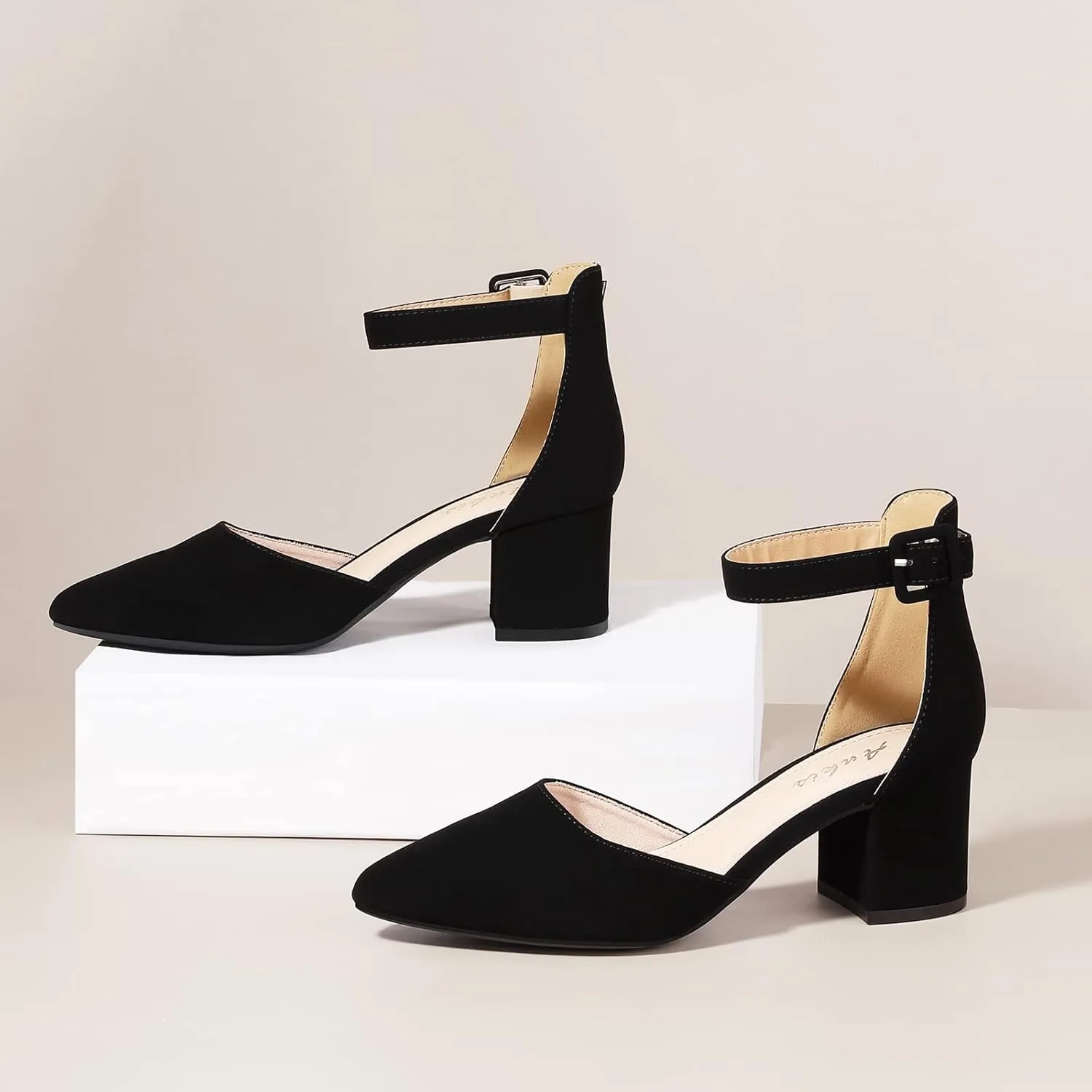 Ankis Closed Toe Heels for Women -Black Nude Gold Silver Pointed Toe Heels Low Block Chunky Women Pumps with Ankle Strap -2.25 Inch