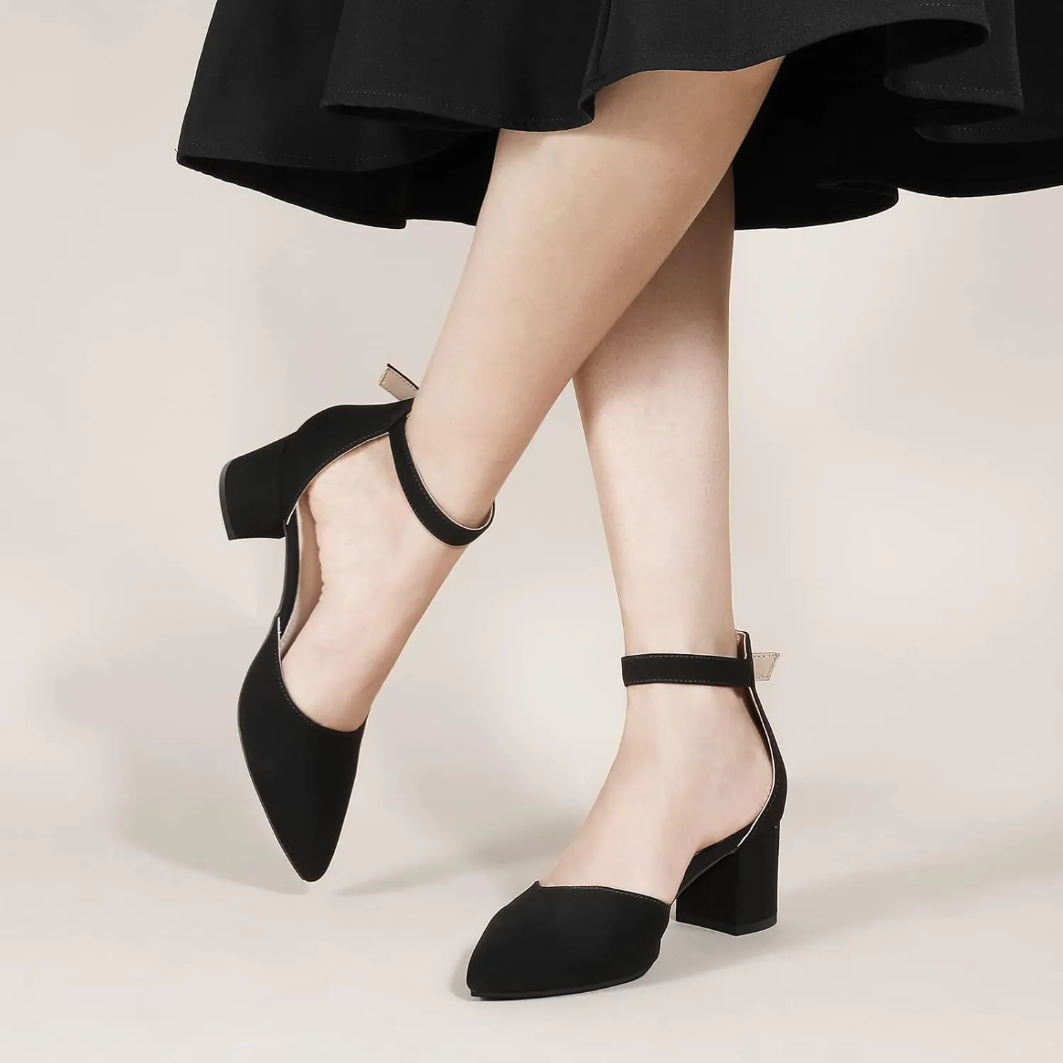 Ankis Closed Toe Heels for Women -Black Nude Gold Silver Pointed Toe Heels Low Block Chunky Women Pumps with Ankle Strap -2.25 Inch