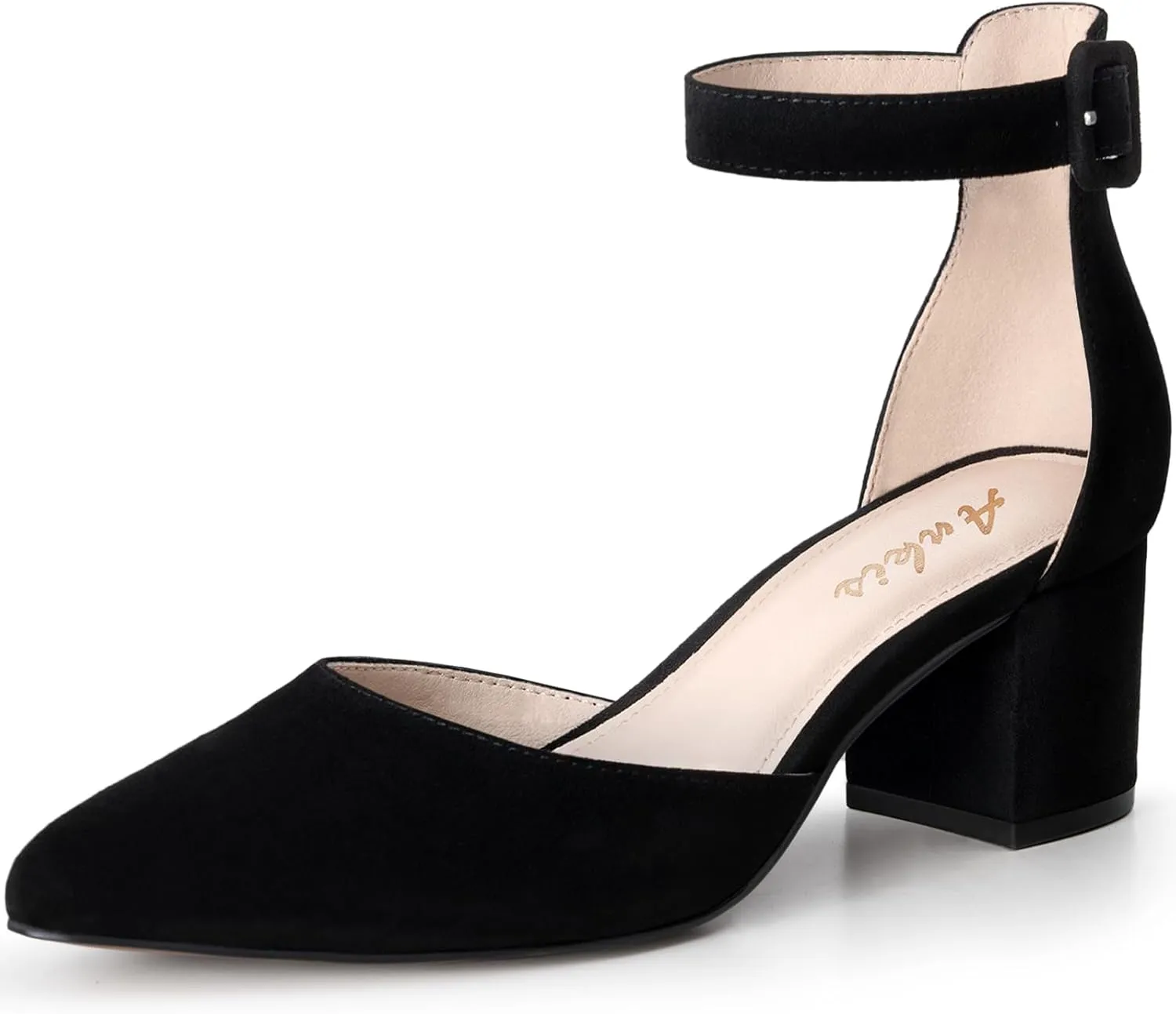 Ankis Closed Toe Heels for Women -Black Nude Gold Silver Pointed Toe Heels Low Block Chunky Women Pumps with Ankle Strap -2.25 Inch