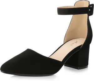 Ankis Closed Toe Heels for Women -Black Nude Gold Silver Pointed Toe Heels Low Block Chunky Women Pumps with Ankle Strap -2.25 Inch