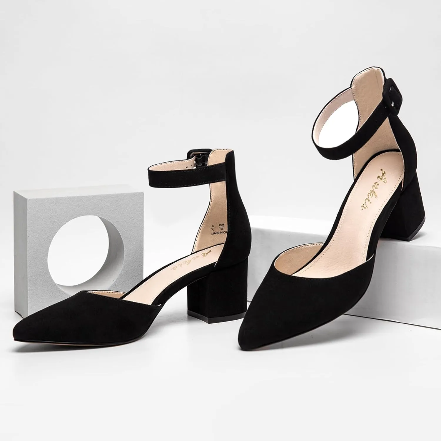 Ankis Closed Toe Heels for Women -Black Nude Gold Silver Pointed Toe Heels Low Block Chunky Women Pumps with Ankle Strap -2.25 Inch