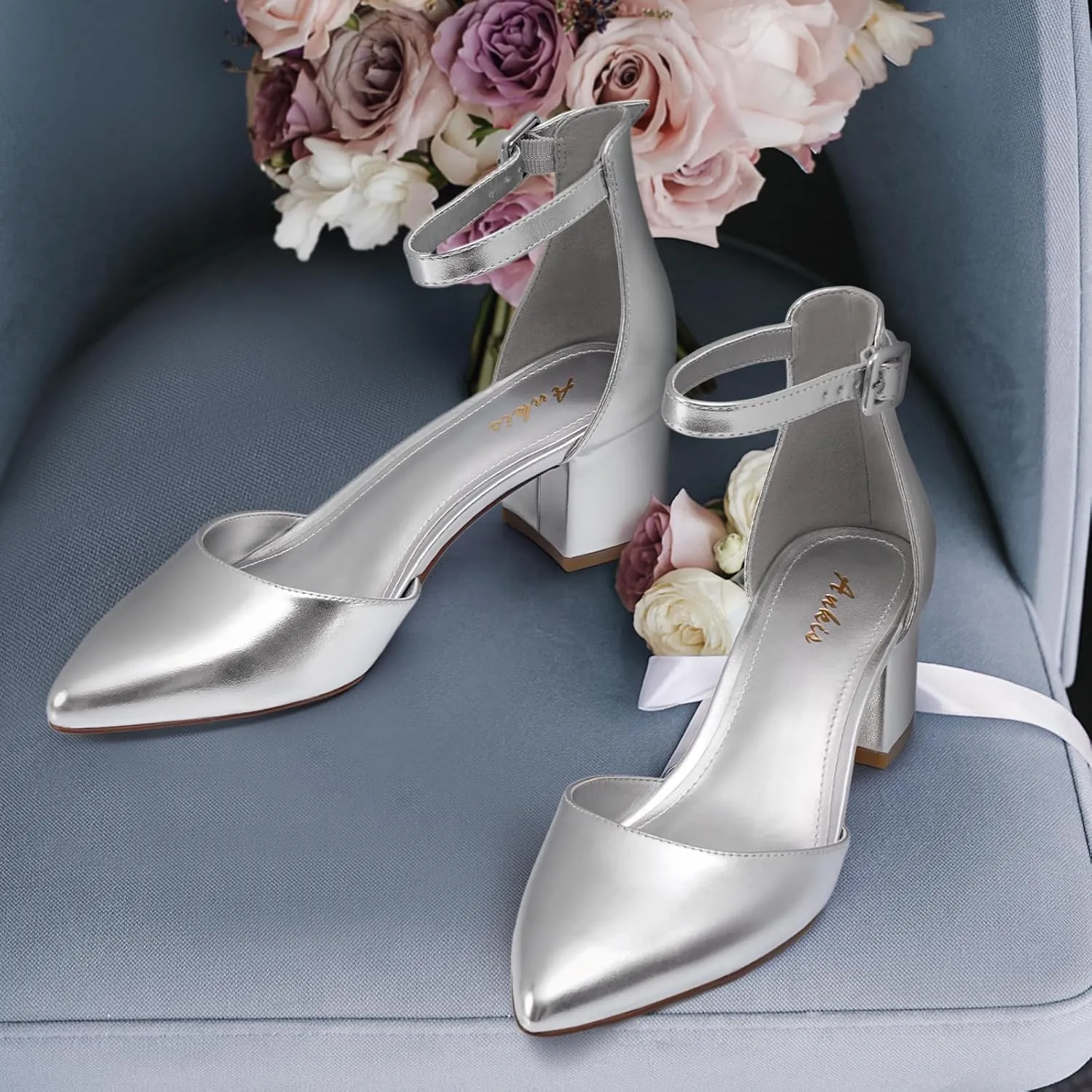 Ankis Closed Toe Heels for Women -Black Nude Gold Silver Pointed Toe Heels Low Block Chunky Women Pumps with Ankle Strap -2.25 Inch