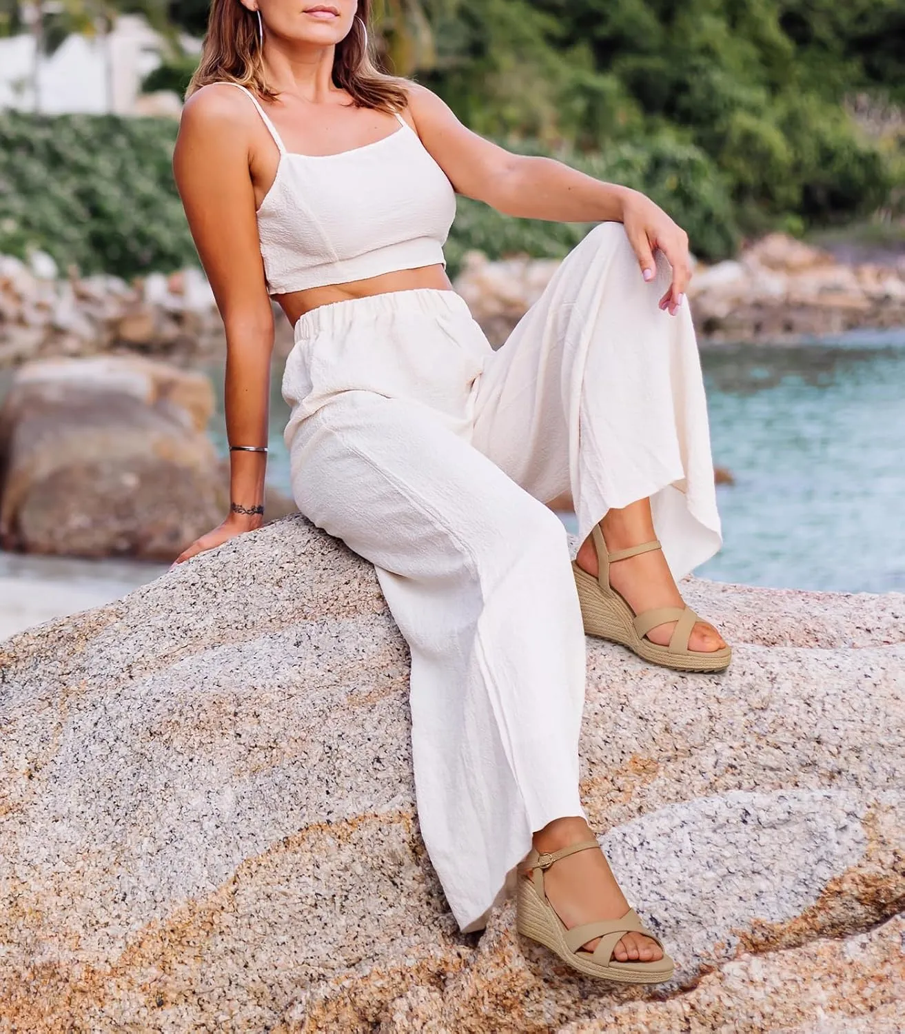 Ankis Wedge Sandals for Women, Espadrille Womens Wedge Sandals Comfortable Open Toe Cross Band Ankle Strap High Heel Wedges for Women Dressy Summer -3.4Inch