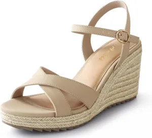 Ankis Wedge Sandals for Women, Espadrille Womens Wedge Sandals Comfortable Open Toe Cross Band Ankle Strap High Heel Wedges for Women Dressy Summer -3.4Inch