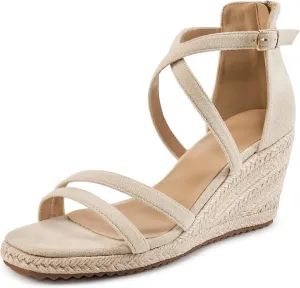 Aomigoct Wedge Sandals for Women Dressy - Suede Platform Wedges for Party - Fashion Ladies Open Toe Summer Espadrille Shoes