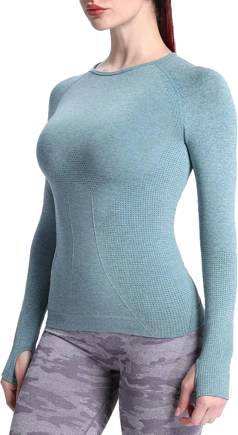 Aoxjox Workout Long Sleeve Shirts for Women Fall Athletic Gym Yoga Running Seamless Tee T-Shirt Tops