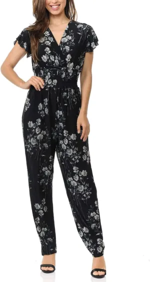 Auliné Collection Womens Short Cap Sleeve V-Neck Long Pants Romper Jumpsuit