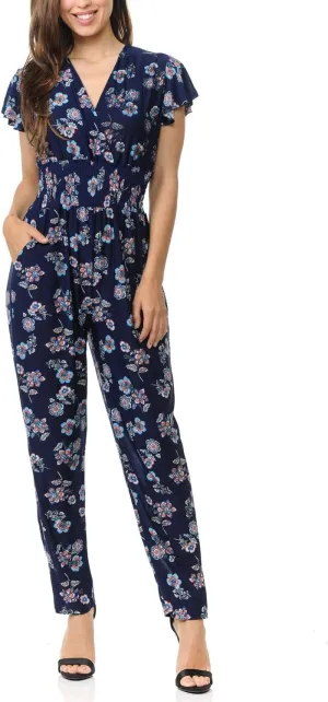 Auliné Collection Womens Short Cap Sleeve V-Neck Long Pants Romper Jumpsuit