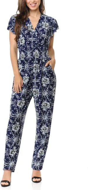 Auliné Collection Womens Short Cap Sleeve V-Neck Long Pants Romper Jumpsuit