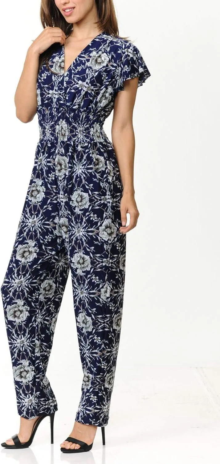 Auliné Collection Womens Short Cap Sleeve V-Neck Long Pants Romper Jumpsuit