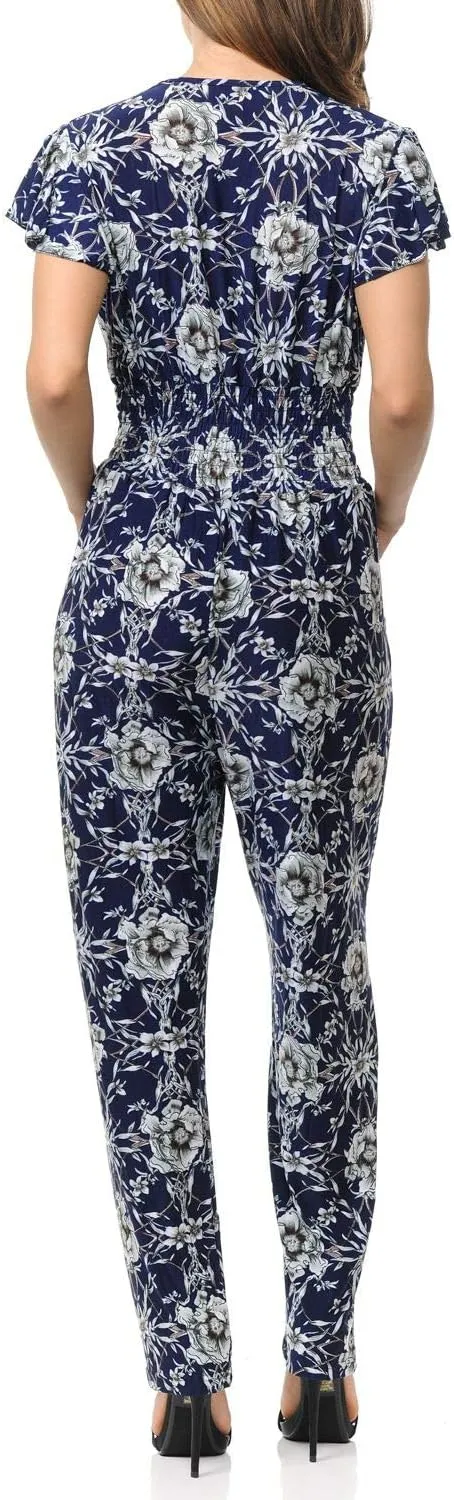 Auliné Collection Womens Short Cap Sleeve V-Neck Long Pants Romper Jumpsuit