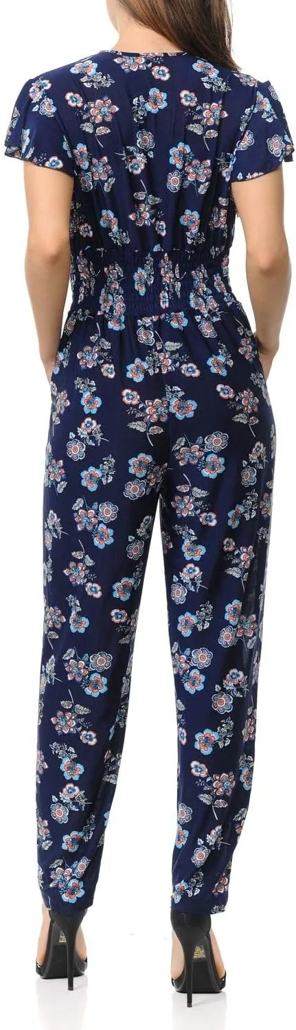 Auliné Collection Womens Short Cap Sleeve V-Neck Long Pants Romper Jumpsuit