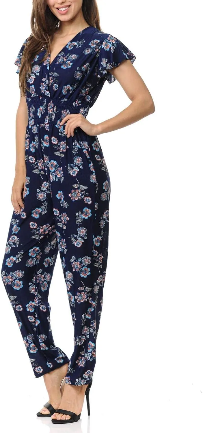 Auliné Collection Womens Short Cap Sleeve V-Neck Long Pants Romper Jumpsuit