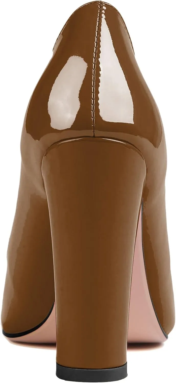 AUMOTED Women High Heel Pumps Shoes Solid Slip On Chunky Heel Block Heel Pointed Toe Work Heel