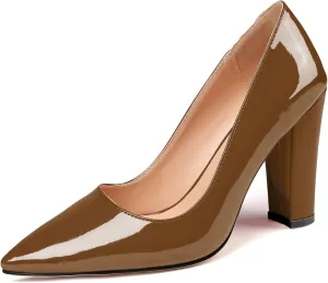 AUMOTED Women High Heel Pumps Shoes Solid Slip On Chunky Heel Block Heel Pointed Toe Work Heel