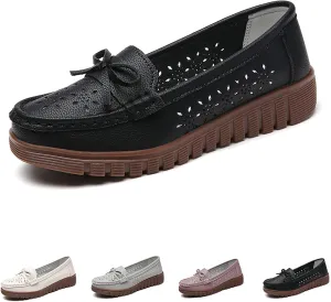 AUNTHUI Women's Leather Low Wedge Loafers,Slip On Dress Shoes,Hollow Out Breathable Soft Comfortable Walking Casual Driving Penny Shoes