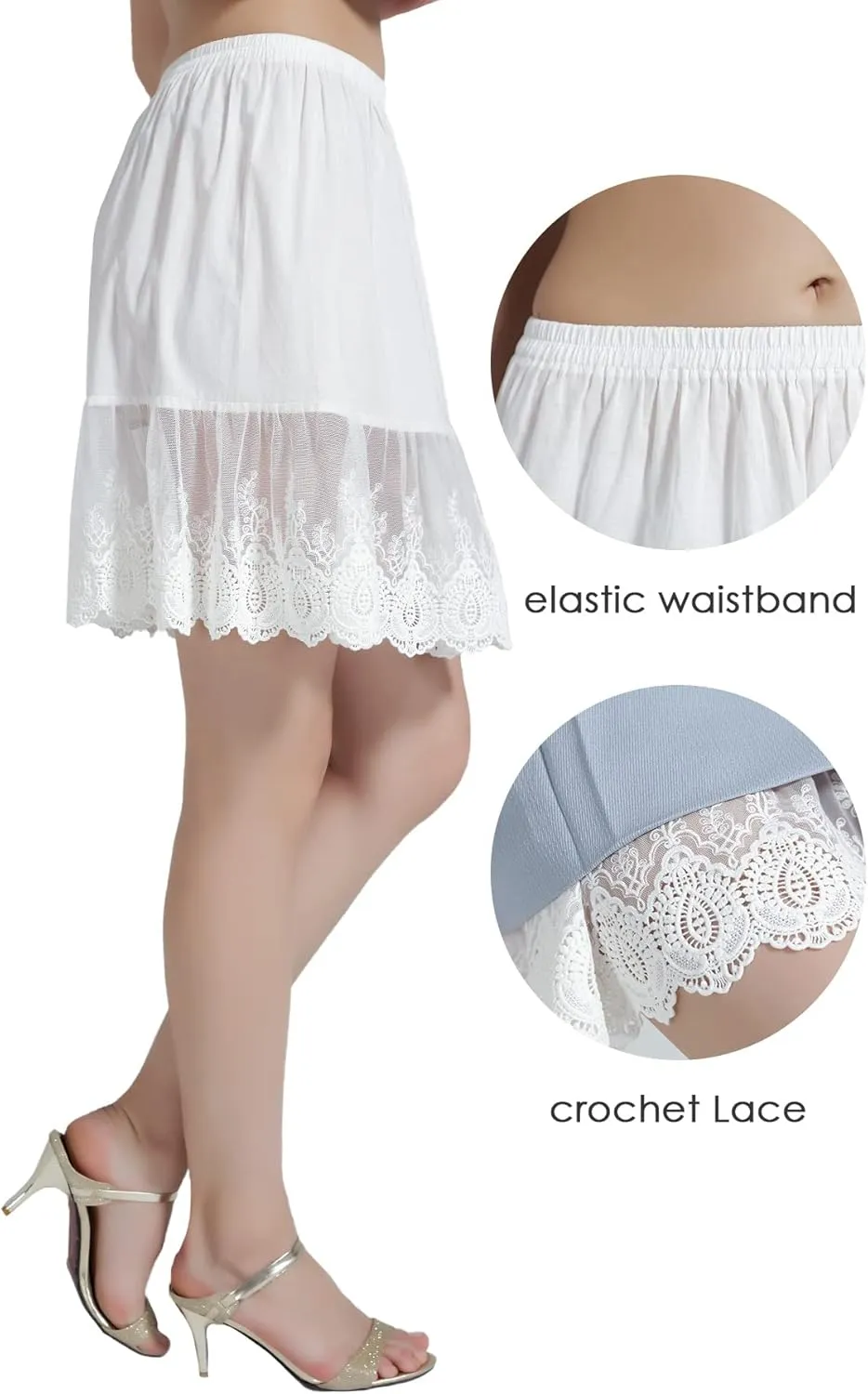 BEAUTELICATE 100% Cotton Half Slip Skirt Extender with Lace Trim Vintage Underskirt