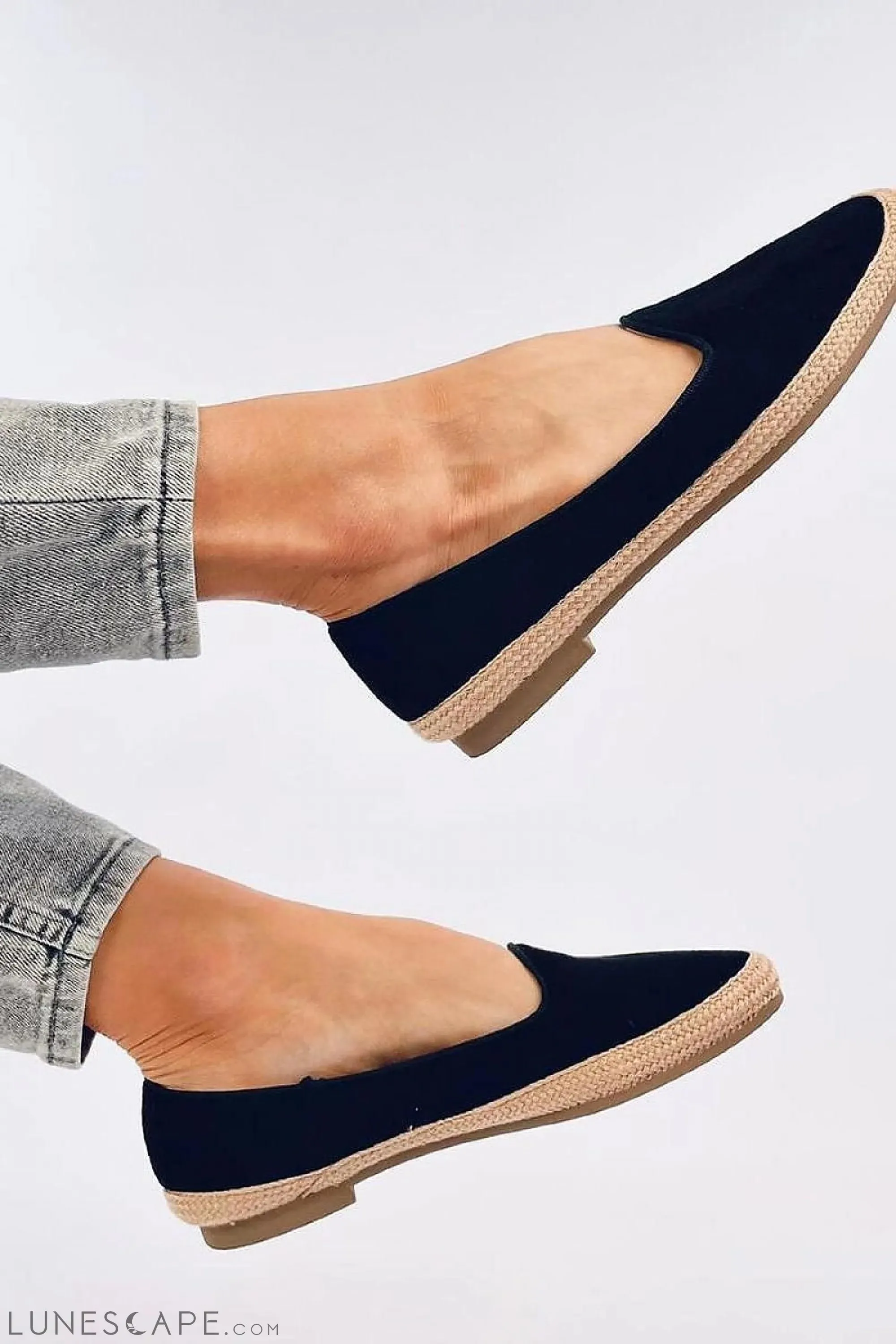 Black Almond Toe Eco-Suede Women's Espadrille Flats with Jute Trim