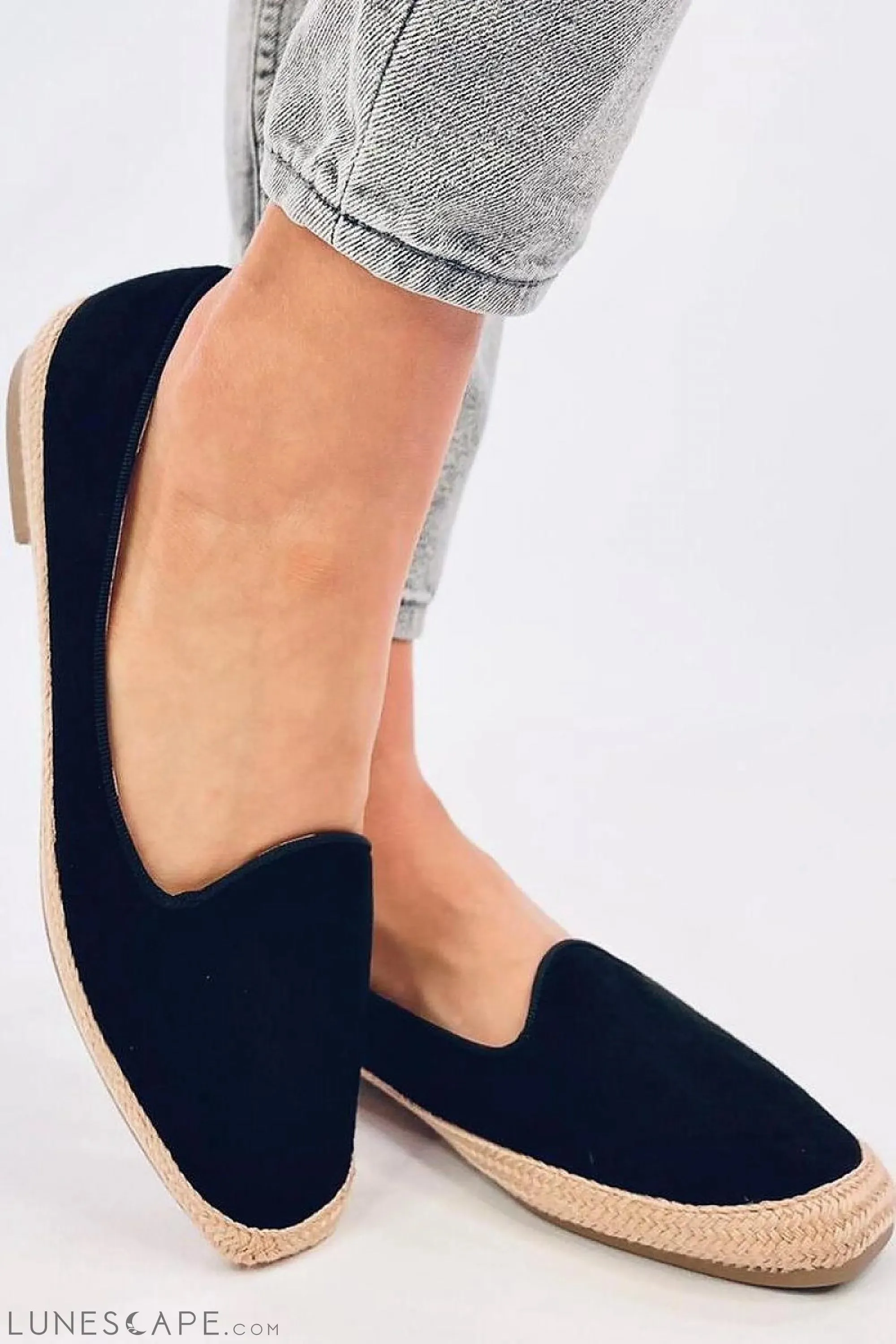 Black Almond Toe Eco-Suede Women's Espadrille Flats with Jute Trim