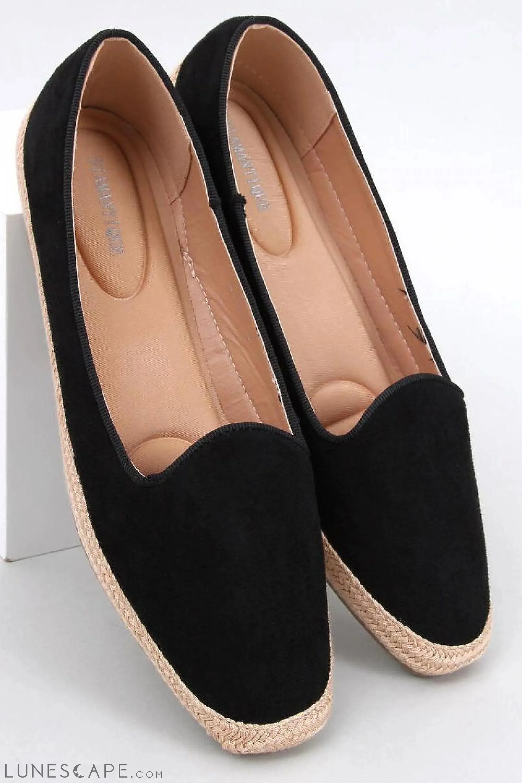 Black Almond Toe Eco-Suede Women's Espadrille Flats with Jute Trim