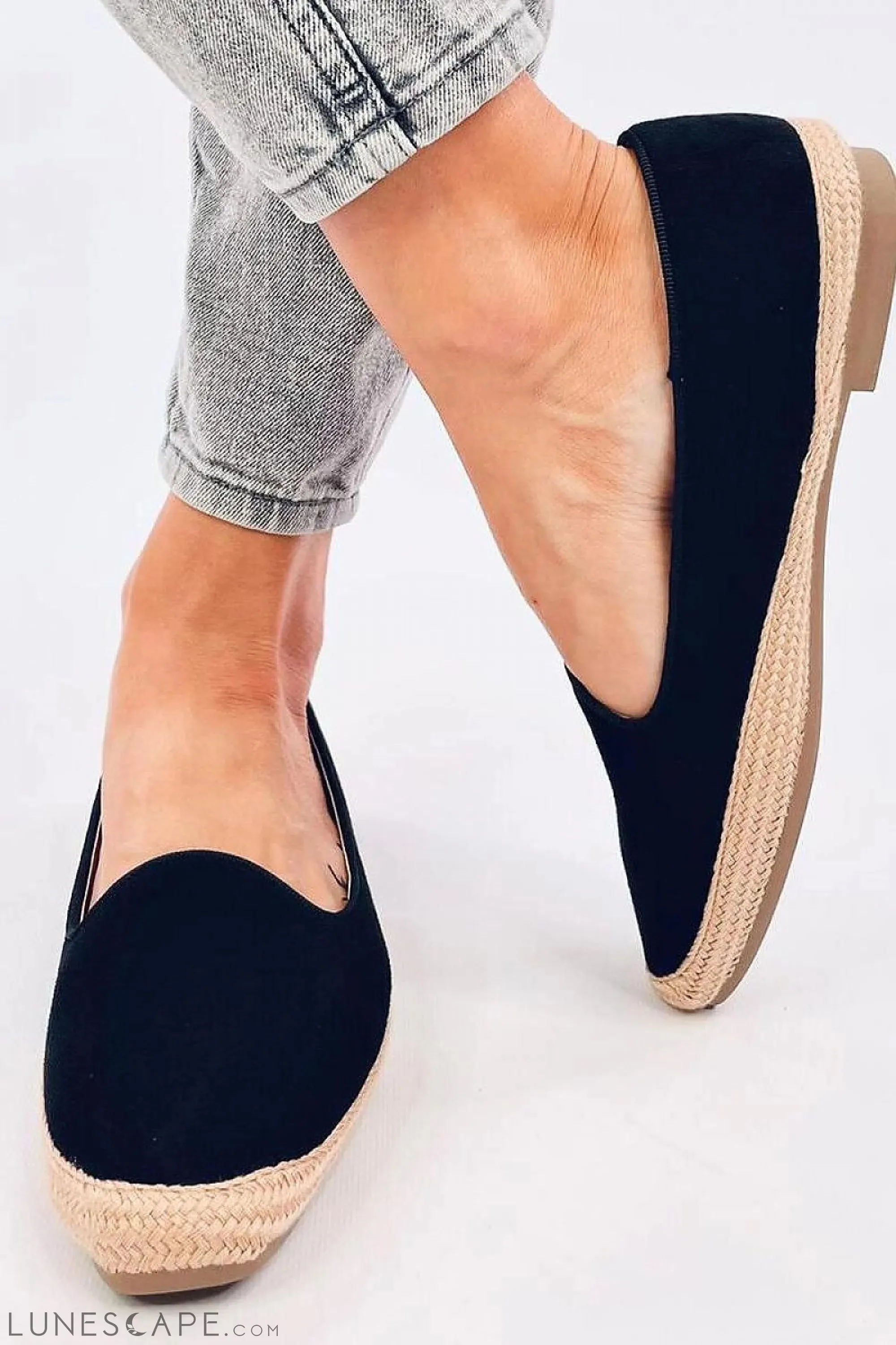 Black Almond Toe Eco-Suede Women's Espadrille Flats with Jute Trim