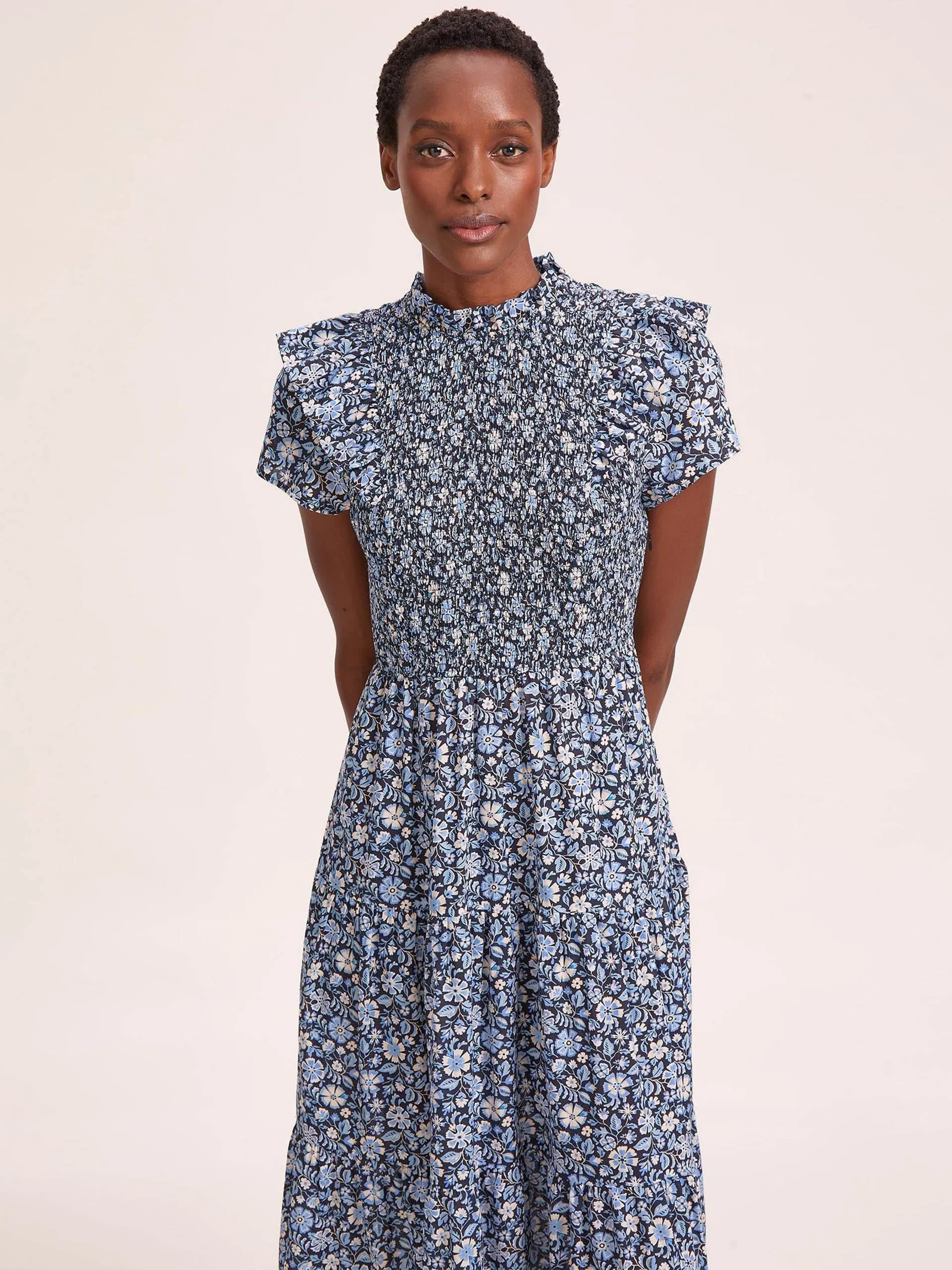 Blue ditsy carnation print Sabrina cotton blend maxi dress