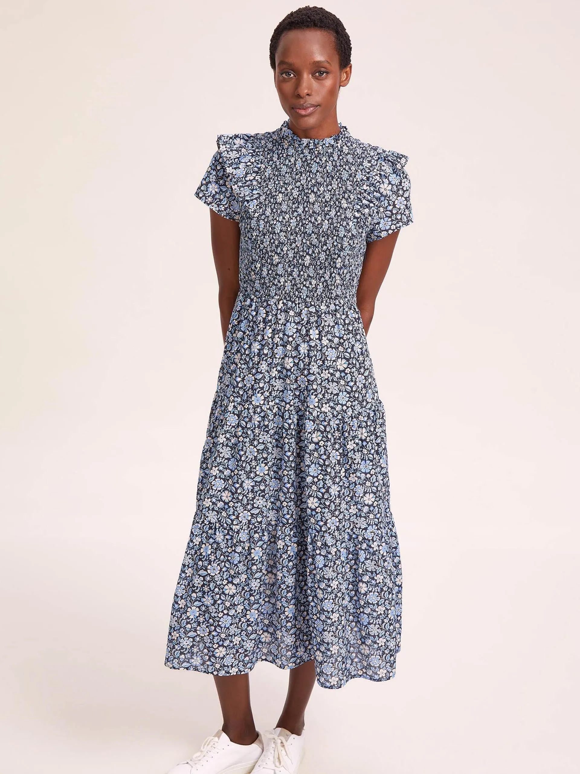 Blue ditsy carnation print Sabrina cotton blend maxi dress
