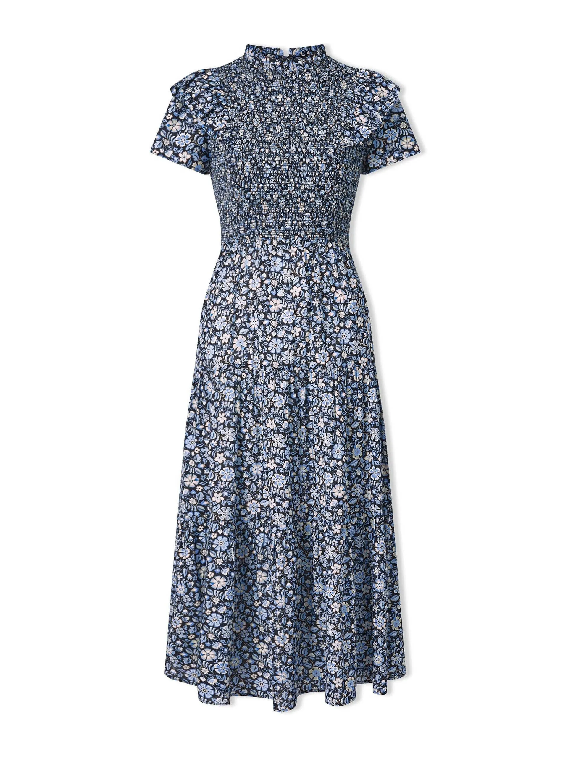 Blue ditsy carnation print Sabrina cotton blend maxi dress