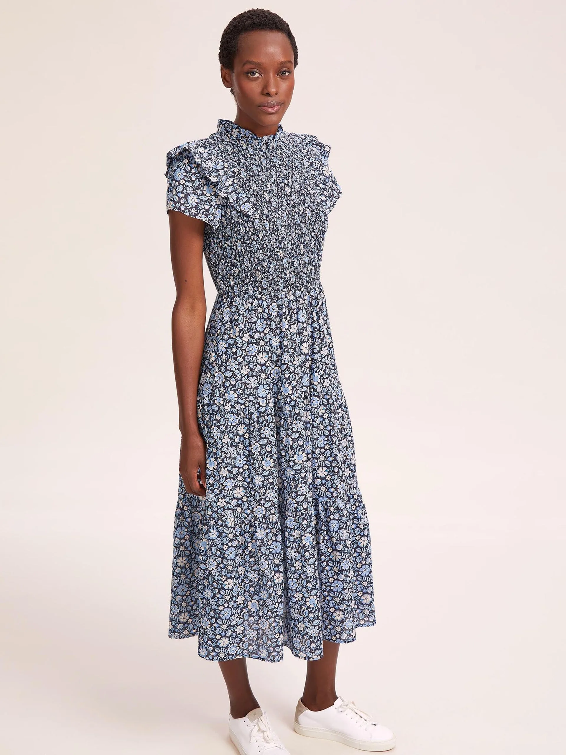 Blue ditsy carnation print Sabrina cotton blend maxi dress