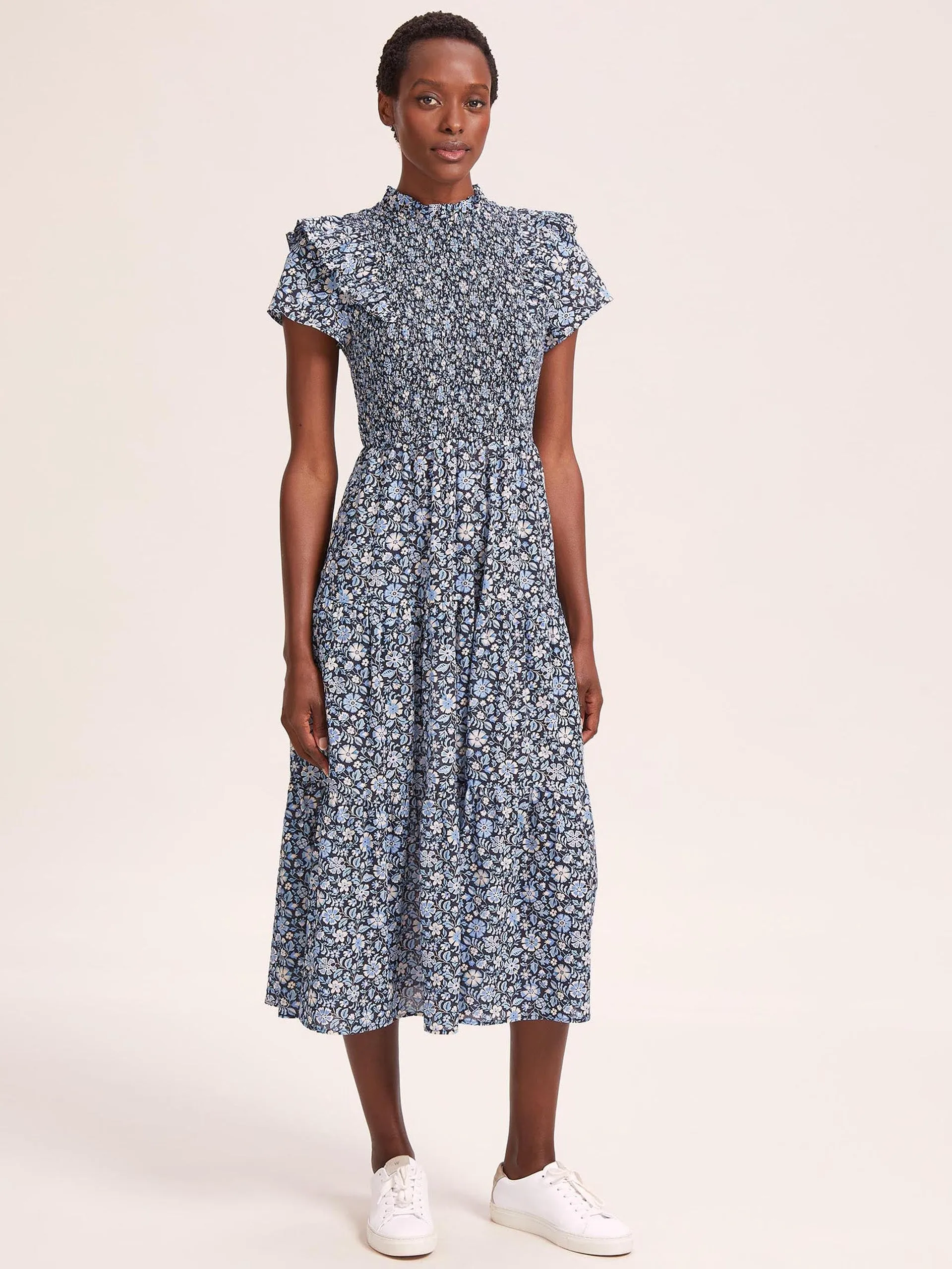 Blue ditsy carnation print Sabrina cotton blend maxi dress