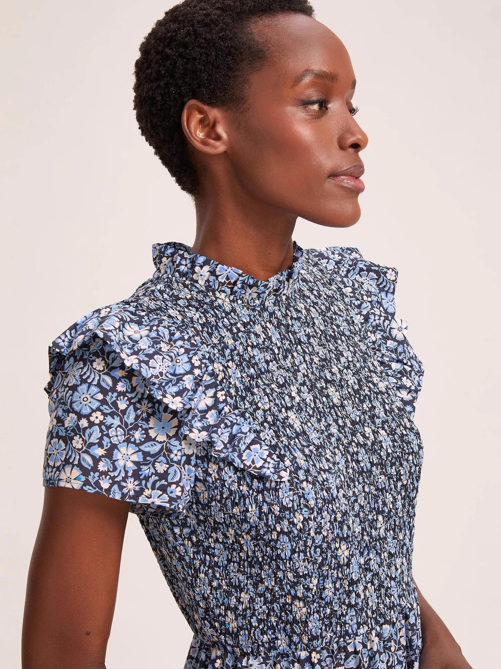 Blue ditsy carnation print Sabrina cotton blend maxi dress