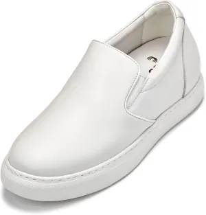 CALTO Men's Invisible Height Increasing Elevator Shoes - White Nappa Leather Slip-on Lightweight Casual Loafers - 2.6 Inches Taller - T1022 - Size 9 D(M) US