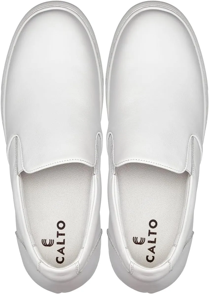 CALTO Men's Invisible Height Increasing Elevator Shoes - White Nappa Leather Slip-on Lightweight Casual Loafers - 2.6 Inches Taller - T1022 - Size 9 D(M) US